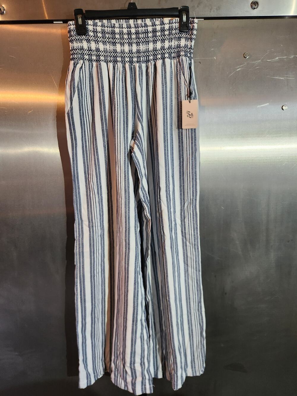 NWT Sincerely Jules Smocked Wide Leg Pants Blue White Stripe Size M